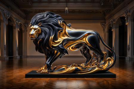 3d rendering of a lion statue in the hall of a royal palaceの素材