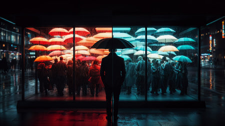 Silhouette of a man in a raincoat with an umbrella in front of a shop windowの素材