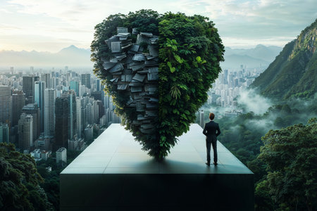 Businessman standing on top of the building and looking at the cityの素材