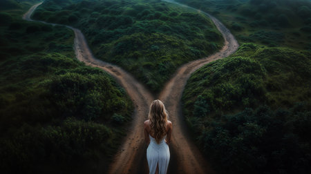 Young woman in white dress walking on the road in the forest.の素材