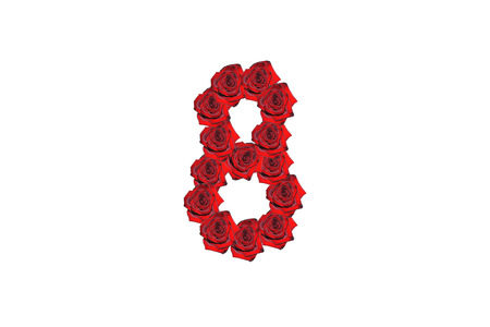 Number eight drawed by red beautiful roses isolated on the white background. Suitable for any...