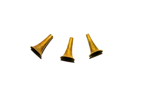 Yellow metal yar funnels isolated on white background. Suitable for any purproseの写真素材