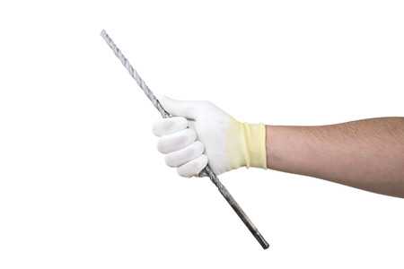 Drill in the hand in white glowe on white background isolated.の写真素材