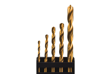 Yellow drills in black case on white background isolated. Suitable for any purprose use.の写真素材