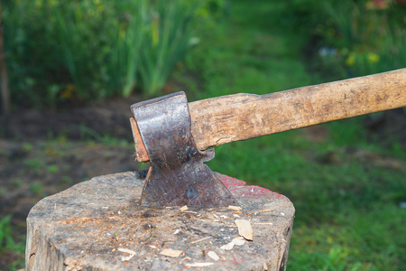 Old axe on the scaffold closeupの写真素材