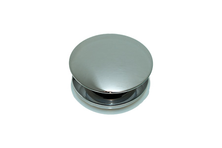 Wash-basin click clack waste, metal, big plug chrome button isolated on white backgroundの写真素材