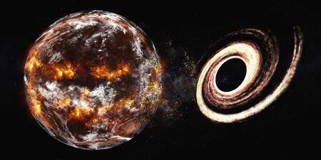 Planet Earth of Solar system explosion near black hole in the outer . Humanity end. Planetary death concept. Elements of this image were furnished by .の写真素材