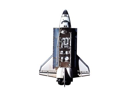 Space Shuttle with open cargo bay and satellites inside isolated on white backgroundの写真素材