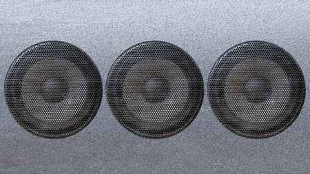 Music and sound. Front view of three old grey sound system speakersの写真素材
