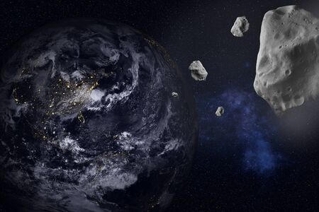 Asteroid attack the Earth planet at night. Outer space journy. Science fiction.
