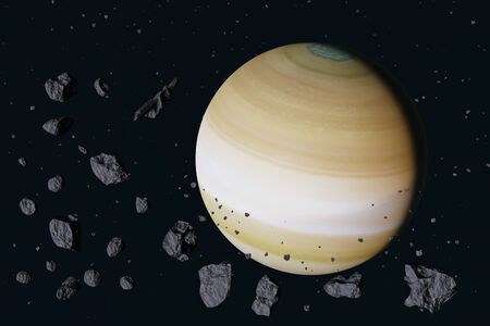 Planet Saturn  solar system near field  rocks in outer space. 3D render .