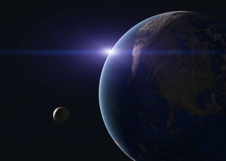 Planet earth and moon in the space wiyh lens flare. Science fiction 3D render.の写真素材