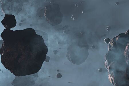 Space asteroid field with dust. Science fiction 3d render illustration.の写真素材