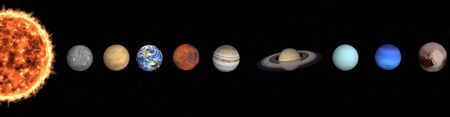 Solar system planets in outer space. Mercury, Venus, Earth, Mars, Jupiter, Saturn, Uranus, Neptune, Pluto. Planetary system concept. Elements of this image were furnished by NASA.の写真素材