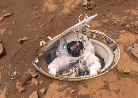 Single space Astronaut on the helmet on the Mars surface. Mars colonization concept.の写真素材