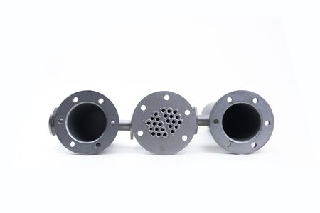 Shell and tube heat exchanger disassembled isolated on white background. Selective focus.の写真素材