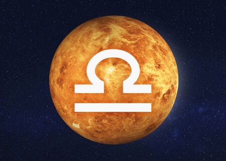 Zodiac Sign Libra on the venus planet of solar system. Astrologic infographics.の写真素材