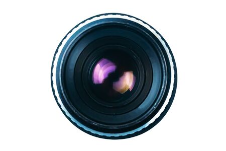 View inside old black potograpic lens with purple flare isolated on white backgroundの写真素材