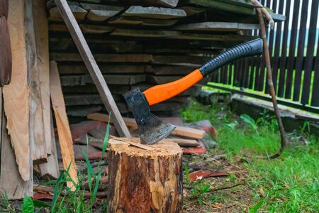 Orange axe on the scaffold. High quality photo