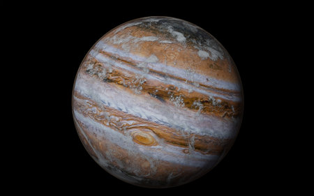 Jupiter with clouds of atmosphere isolated on black - 3D render.の写真素材