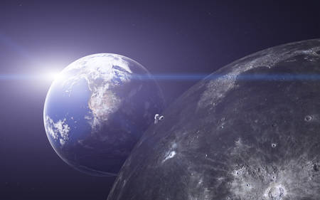 Far astronaut near the moon with Earth on the background. Science fiction 3d render.の写真素材