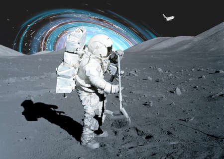 Space astronaut on the moon surface take soil samples with a shovel with black hole on the...