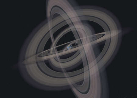 Planet Earth with multiple Saturn rings in outer space. 3d render illustration.の写真素材