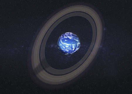 Science fiction water planet with atmosphere and Saturn ring in outer space. 3d render illustration.の写真素材