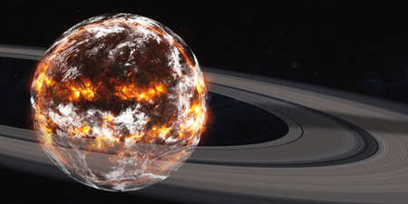 Science fiction exploading Earth planet with atmosphere and ring in outer space closeup. 3d rendering illustration.の写真素材