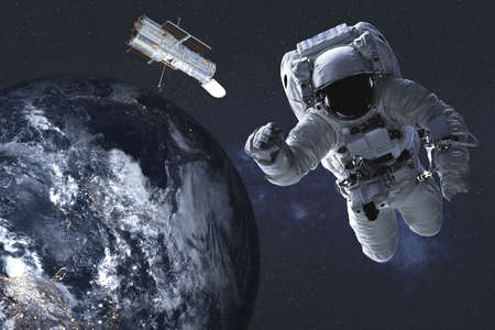Astronaut and satellite telescope near Earth planet of solar system at night. Science fiction 3D...