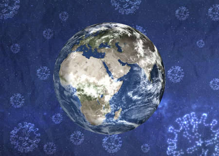 Planet Earth among virus constellations stars on the night sky in space. COVID virus texture on blue bacground.の写真素材