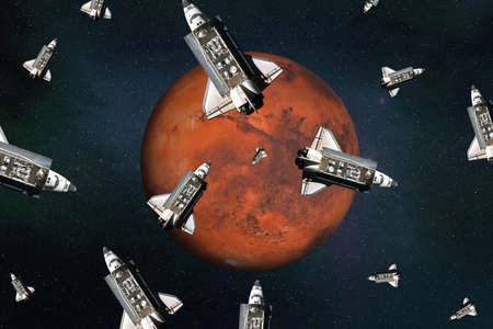 Flying space shuttles close to the Mars planet of solar system. Mars colonization concept. 3D render...