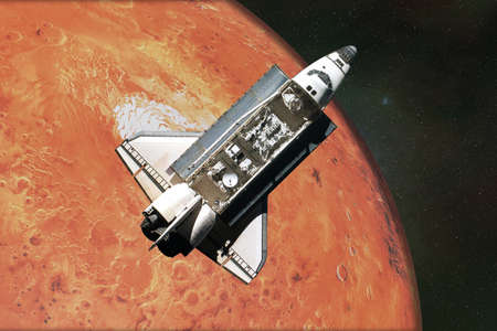 Flying space shuttle close to the Mars planet of solar system. North Pole of the Mars planet. 3D render illustration.の写真素材