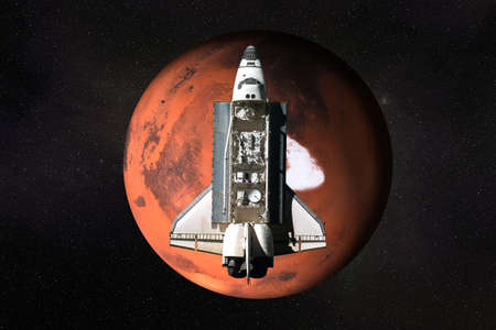 Flying space shuttle close to the Mars planet of solar system. North Pole of the Mars planet in the space. 3D render illustration.の写真素材