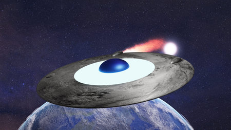 Burning UFO near Planet Earth in outer space. planetary disaster concept. 3d render illustration.