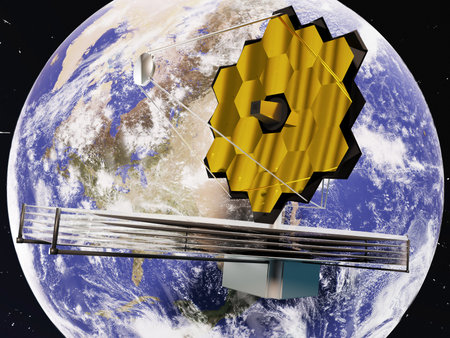 New Space infrared telescope in outer space near blue planet Earth. 3D rendered illustration. Elements of this image were furnished byの写真素材