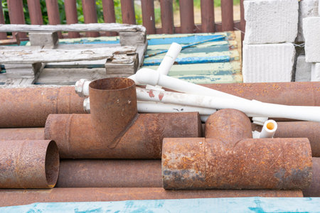 Old rusty metal pipes and white plastic pipes on the backyard close upの写真素材