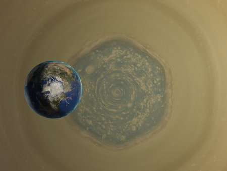 Planet Earth next to the hexagonal storm on Saturn's north pole close up, Highlighting the impressive scale of this cosmic phenomenon in comparison to our planet. Elements of this 3D rendered illustration where furnished by NASA.の写真素材