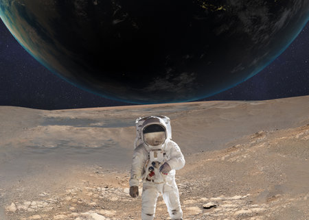 An astronaut in a spacesuit stands on the Martian surface, with Earth visible in the background...