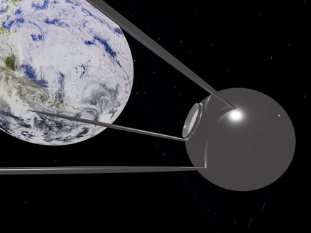 The spherical satellite with antennas marks a historic milestone in space exploration. Elements of vertical 3D rendered illustration.の写真素材