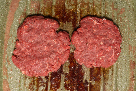 Two raw hamburger patties rest on a speckled green grill pan with visible grease marks. The coarse-textured patties highlight the preparation stage of homemade burgers, ready for grilling.の写真素材