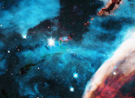 A vivid cosmic scene showing a nebula with glowing stars, swirling clouds of gas, and contrasting shadows. The deep hues of red, blue, and black evoke the mystery and grandeur of deep space. Elements of this illustration were furnished by NASA.の写真素材