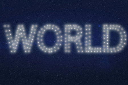 The word WORLD appears formed by clusters of white lights against a star-like black background.の写真素材