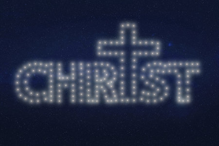 The word CHRIST shines in bright white lights against a dark cosmic background. The letter T is stylized as a glowing cross, creating a powerful visual statement of faith and divinity. Dramatic space illustration.の写真素材