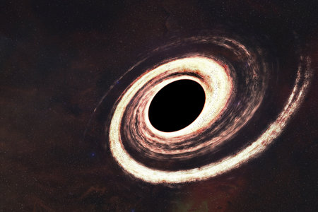A swirling black hole encircled by a radiant accretion disk of gas and dust while the surrounding disk glows with dynamic turbulence. Elements of this illustration were furnished by NASA.の写真素材