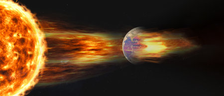 A dramatic visualization of the Sun emitting solar wind towards Earth. The glowing plasma stream collides with the planets magnetic shield, set against a dark star-filled cosmos. Elements of 3D rendered illustration were furnished by NASA.の写真素材