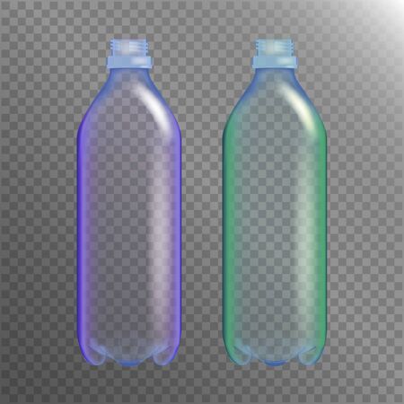Empty Transparent Bottle. Set Realistic Blank Plastic Blue Water . Mock Up For Your Design. Vector Template Backgroundのイラスト素材