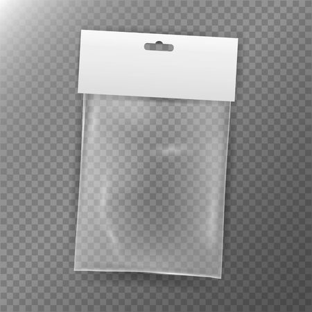 Transparent Plastic Bag. Reality Nylon Icon Background. Sealed Empty Transparent Bag Close Up. White Blank With Hang Slot. Mock Up Template For Your Design. Vector Illustrationのイラスト素材