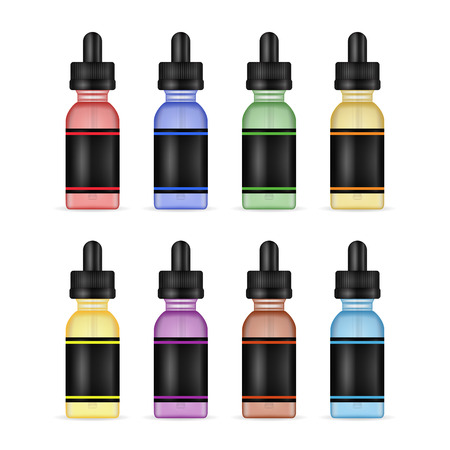 Vape Liquid Bottles. Set Photo Realistic E-liquid Bottle Mock Up Of Different Flavor. Tastes Of Electronic Cigarette. White Background. Vector Illustration.のイラスト素材