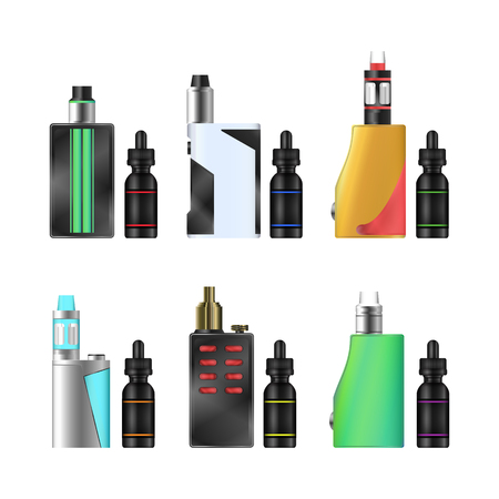 Vape Mod Set. Electronic Cigarette With Juice. Colorful Vector Vaporize Device With Liquid Bottles On White Background. Trend New Culture. Illustration.のイラスト素材
